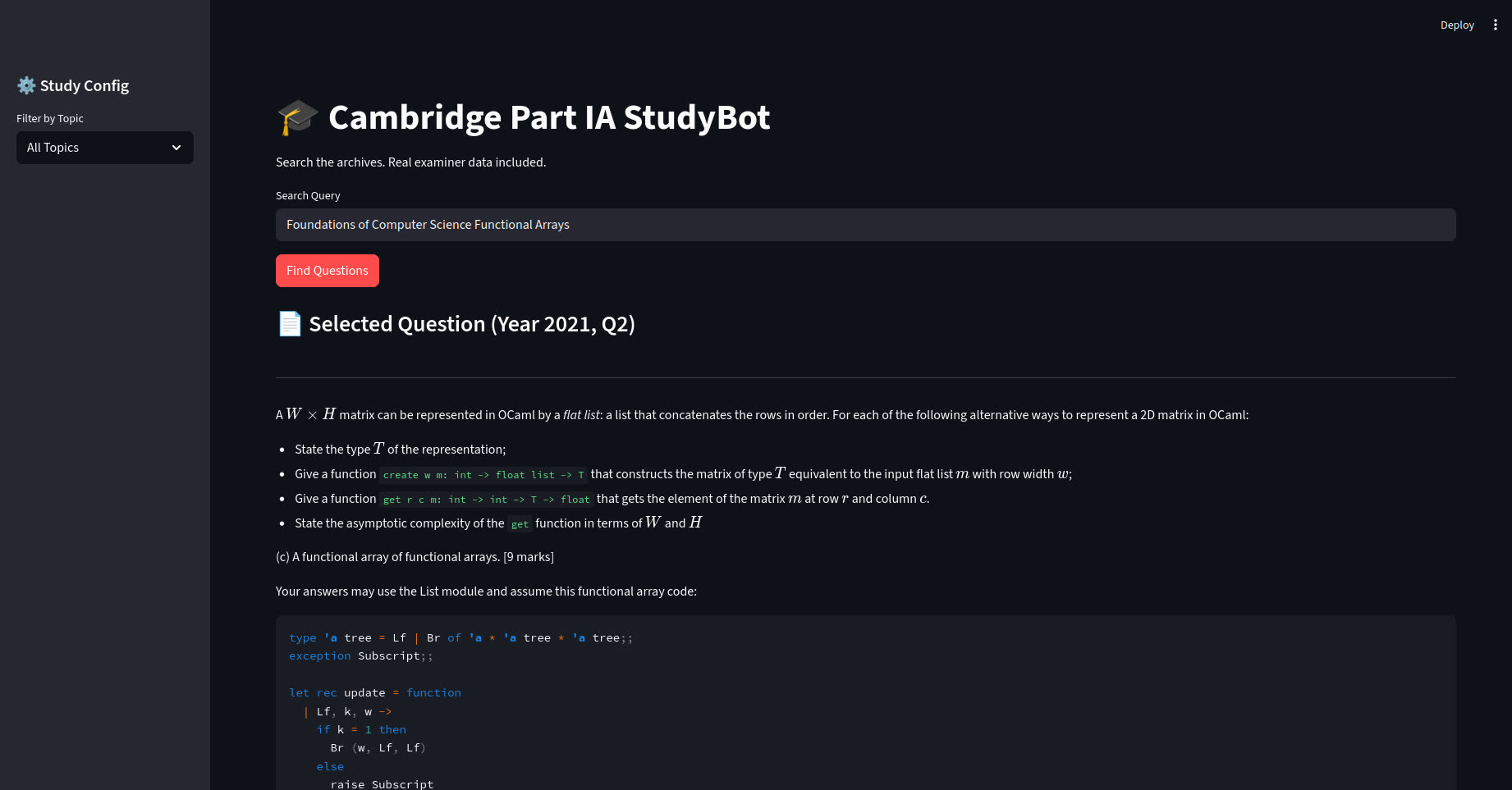 StudyBot showing a Cambridge OCaml past-paper question with maths and code intact
